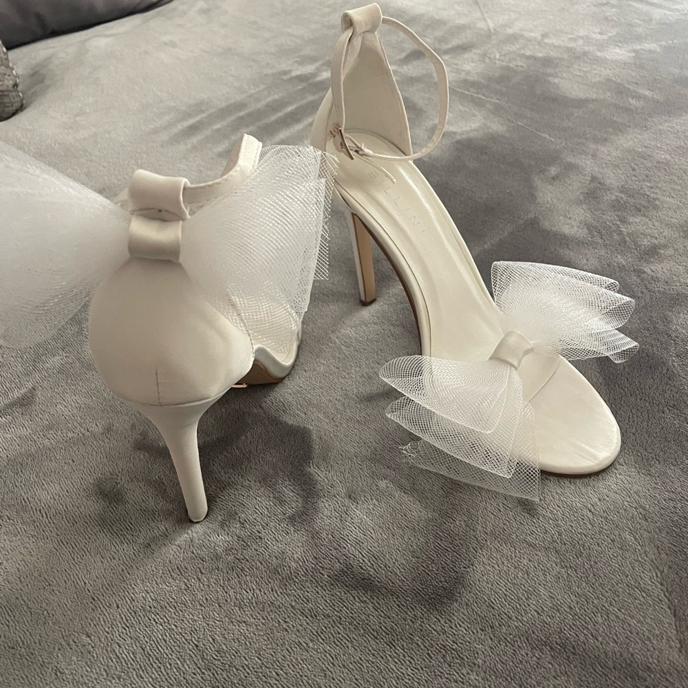 Billini Asymmetric White Satin Bow Heels, Wedding Heels